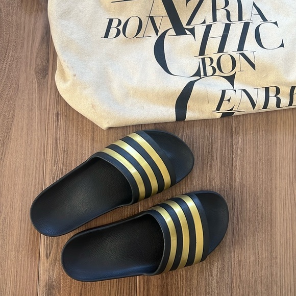 Adidas Black & Gold Slides, Flip Flops - Picture 1 of 6